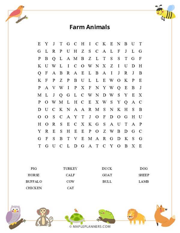 Free Printable Farm Animals Word Search Puzzles