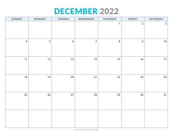 Free Printable December 2022 Calendar (Horizontal)