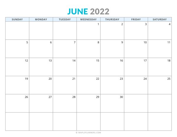 Free Printable June 2022 Calendar (Horizontal)