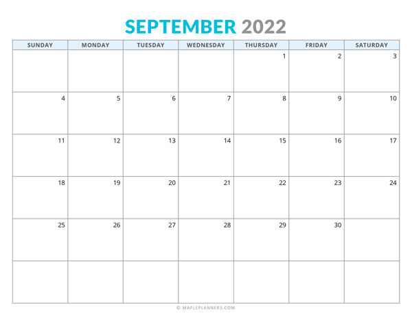 Free Printable September 2022 Calendar (Horizontal)