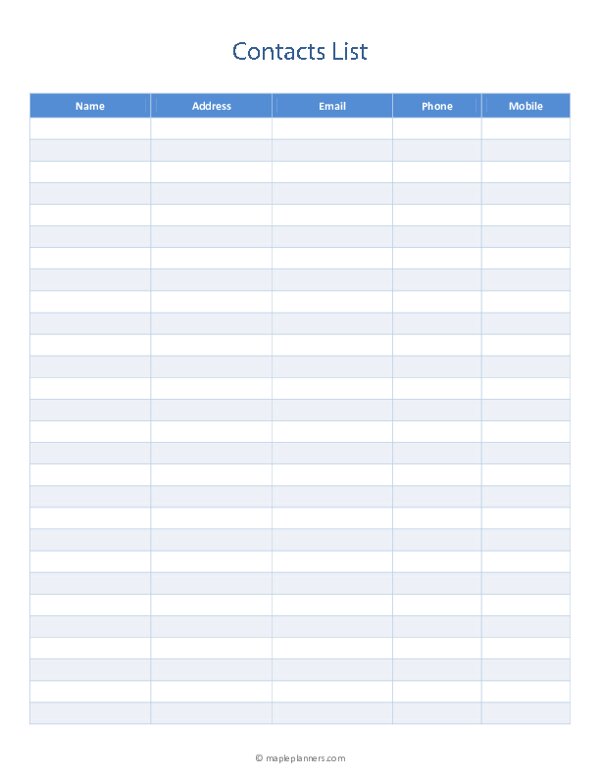 Free Printable Contact List Template