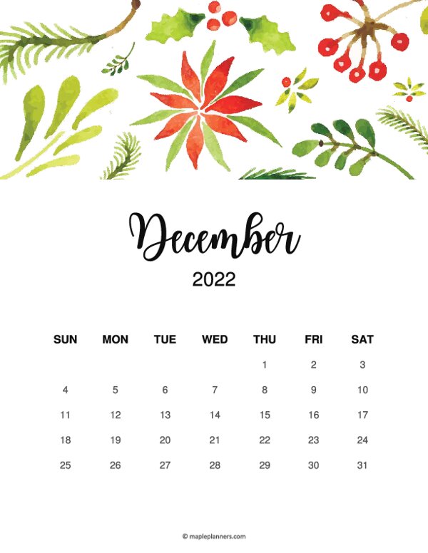 December 2022 Calendar Printable Monthly Calendar