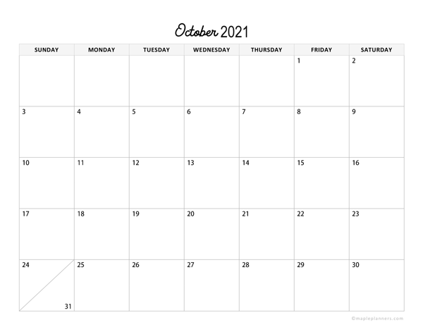 Minimalist October Calendar 2021 Horizontal