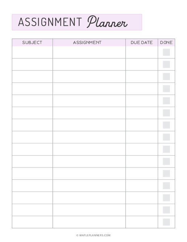 uni assignment planner template