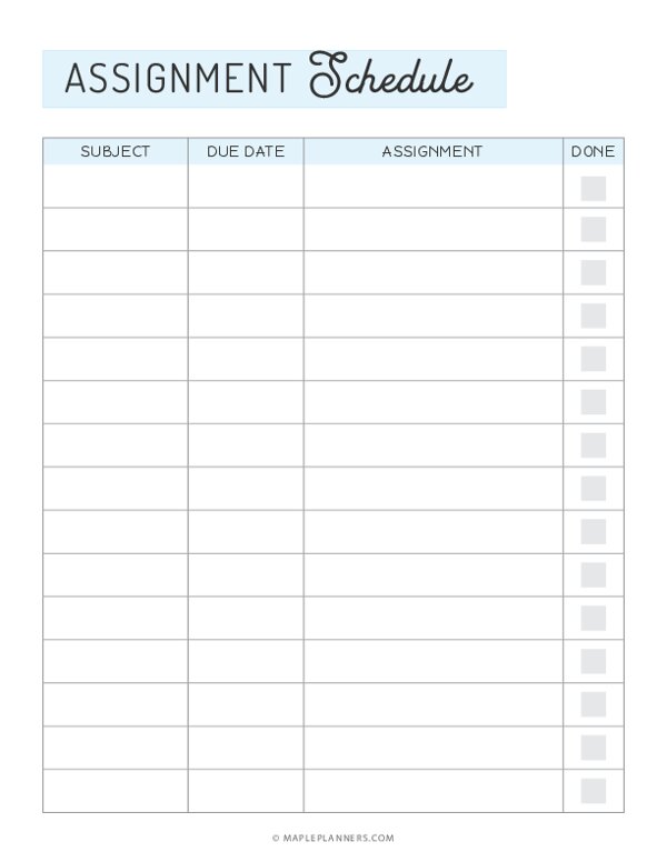 Assignments Due Printable