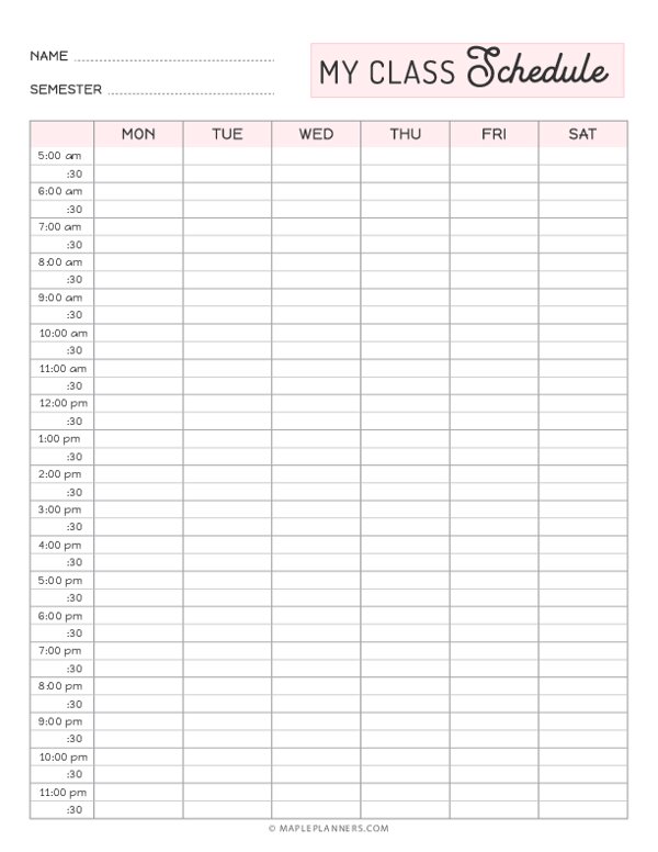 Printable Class Schedule Template Free Printable Templates