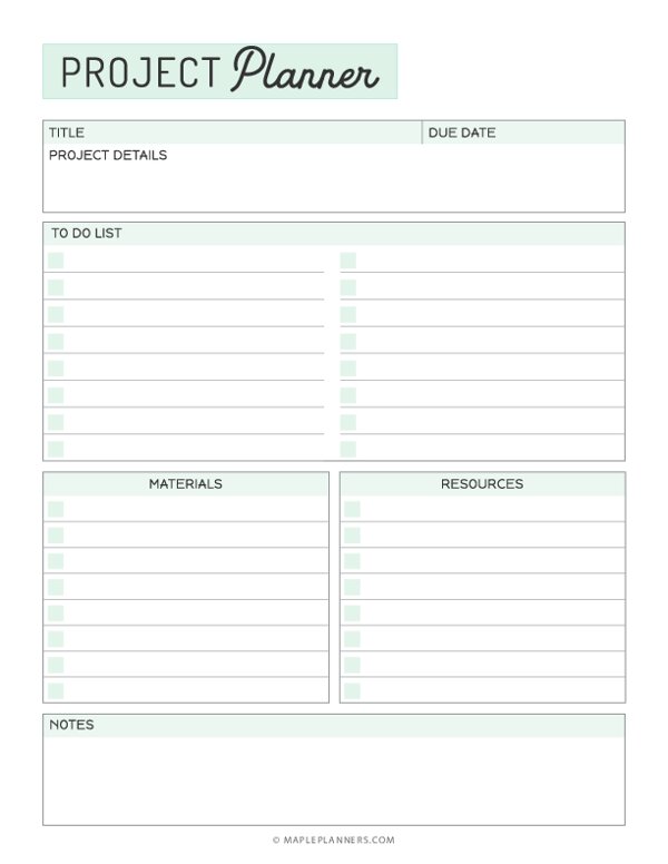 printable project planner template