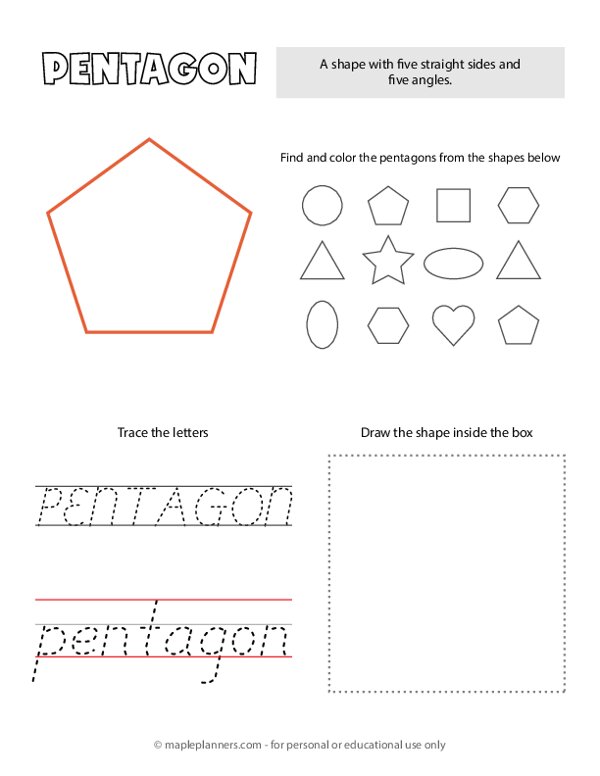 Pentagon Shape Tracing and Coloring Worksheet Printable