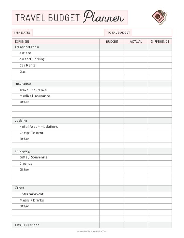 Free Printable Travel Budget Planner Template