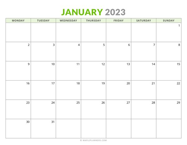 Free Printable January 2023 Monthly Calendar Monday Start 