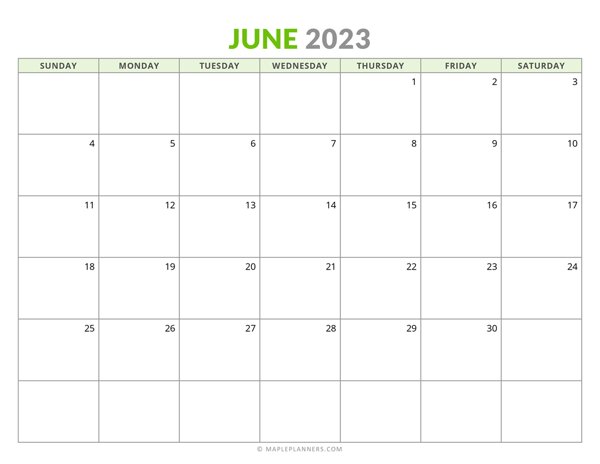 Free Printable June 2023 Monthly Calendar (Horizontal)