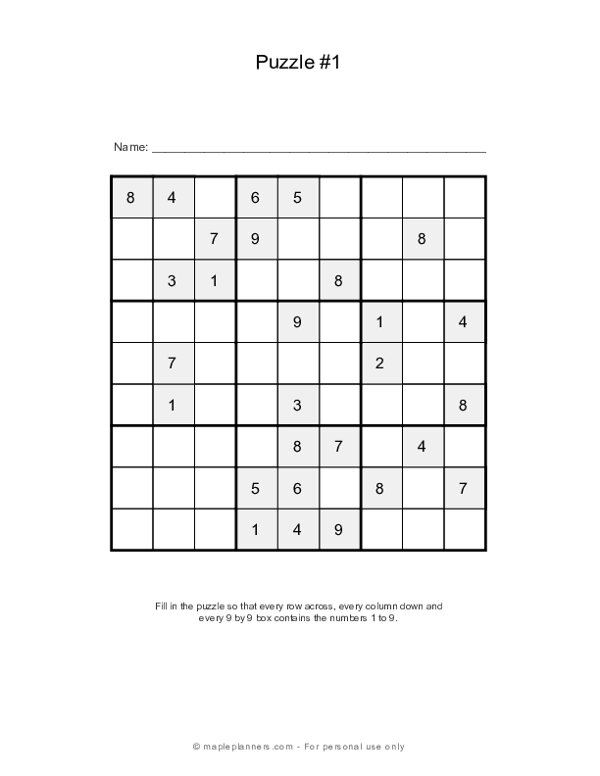 100 free printable sudoku puzzles