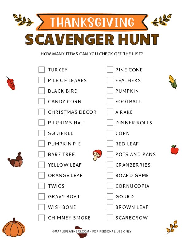 Thanksgiving Scavenger Hunt Game Printable
