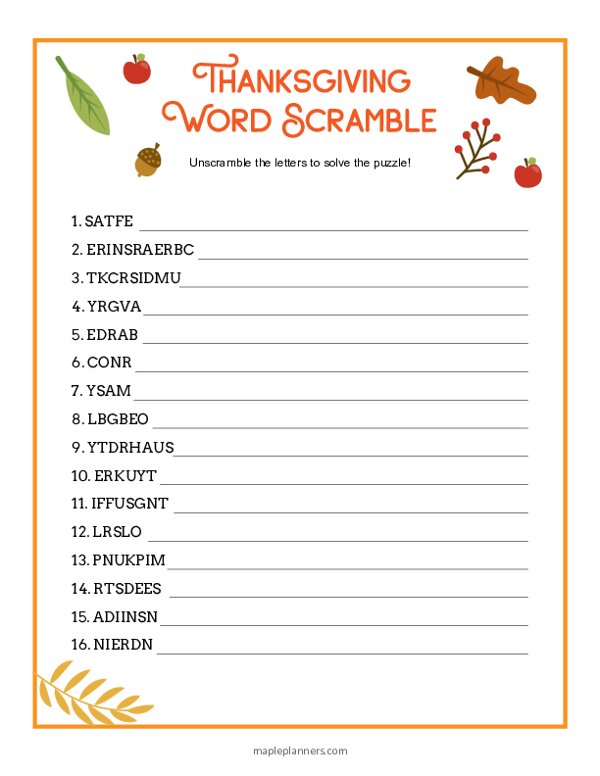 Thanksgiving Word Scramble Puzzle Printable