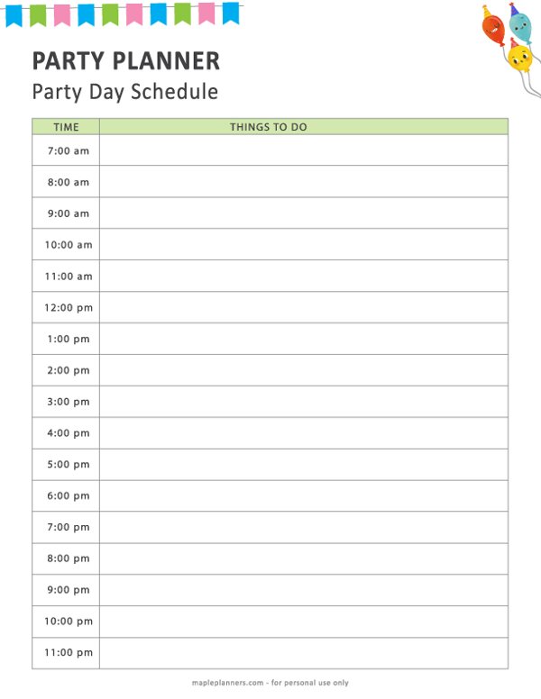 Party Schedule Template Free