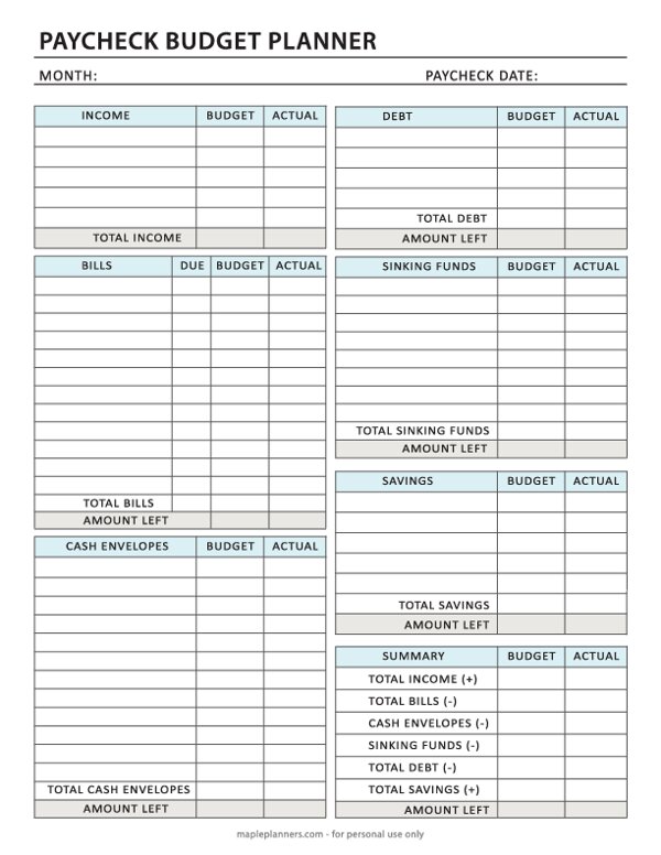 Free Paycheck Budget Planner Template