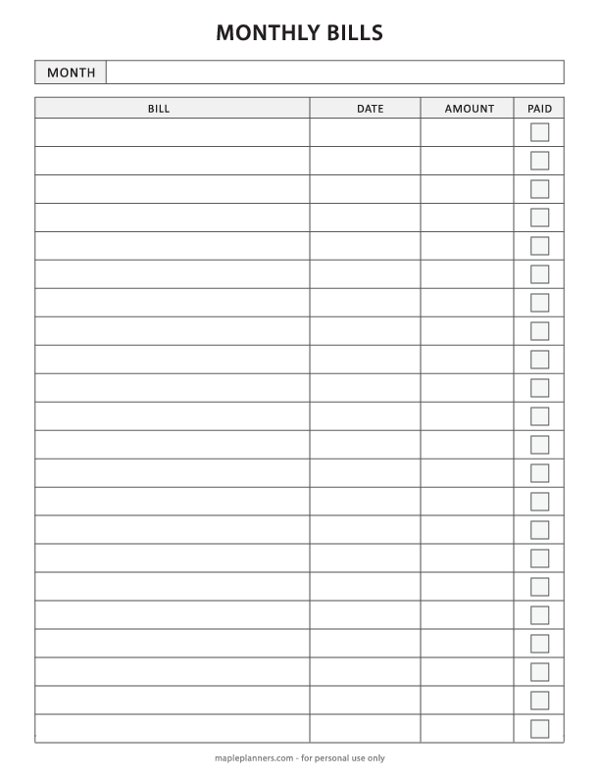 Monthly Bill Organizer Sheet Free Printable