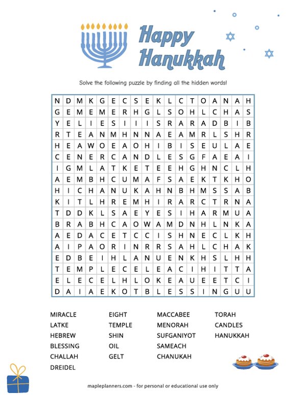 Hanukkah Word Search Puzzle