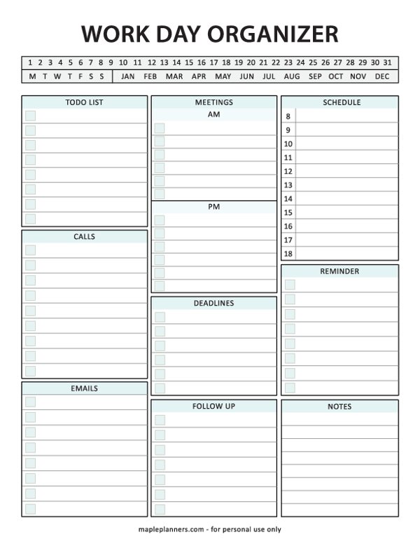 Free Printable Work Day Organizer