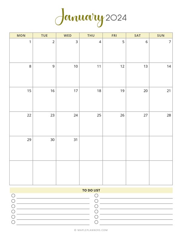 January 2024 Monthly Calendar Template Monday Start