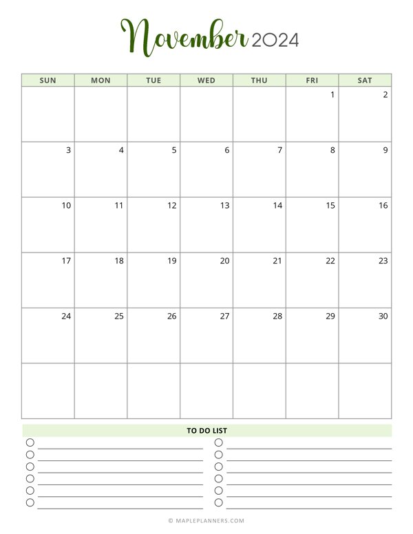 November 2024 Monthly Calendar (Vertical Sunday Start)