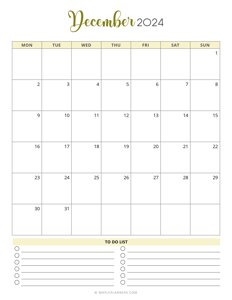 December 2024 Monthly Calendar Template - Monday Start