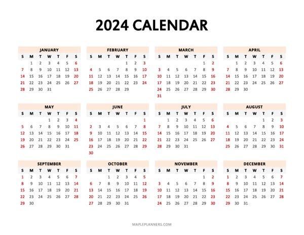 Free Printable 2024 Year at a Glance - Landscape