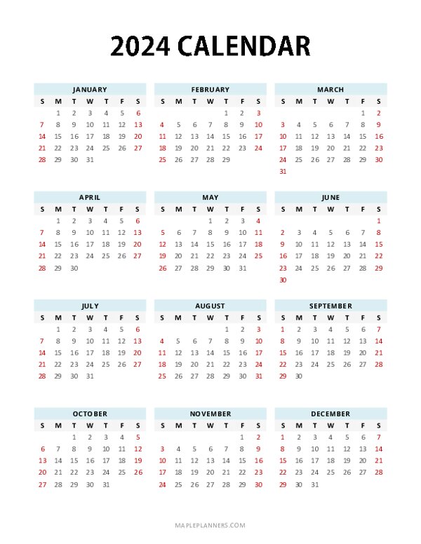 Free Printable 2024 Yearly Calendar Template