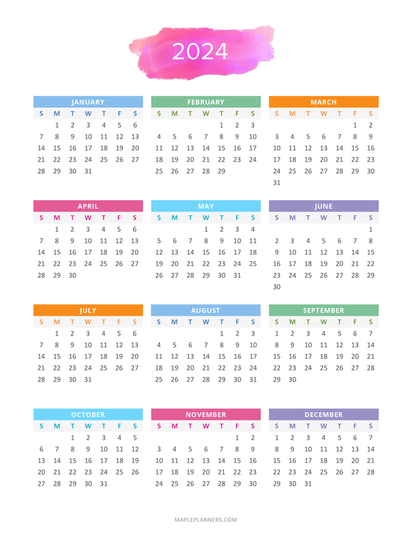 Free 2024 Yearly Calendar Printable One Page Calendar Rory Walliw