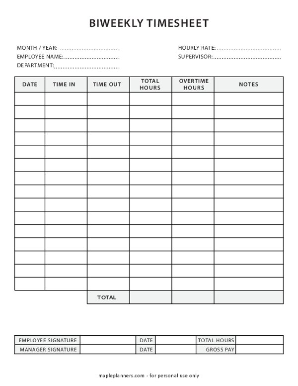 Biweekly Timesheet Template Employee Log Time Tracker