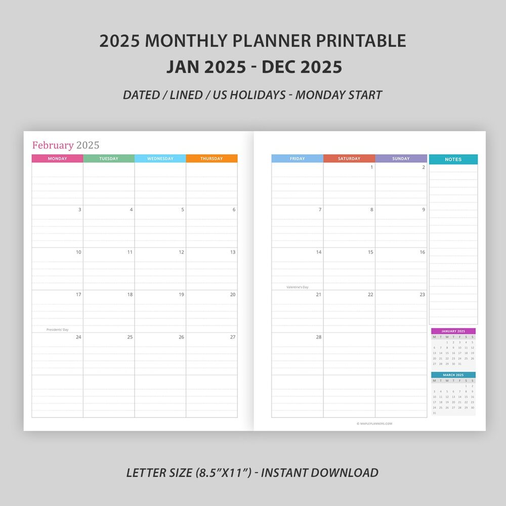 2025 Monthly Planner Calendar Lined and Dated Printable