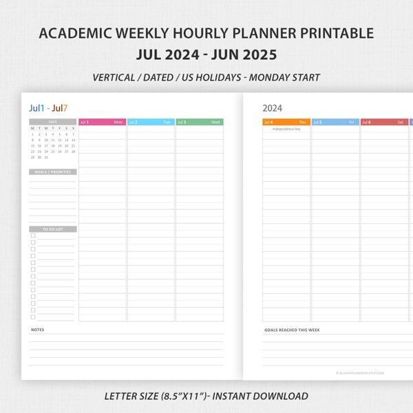 Academic Weekly Planner July 2024 - June 2025 (Monday Start)