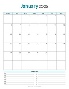 January 2025 Monthly Calendar - Monday Start