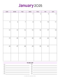 2025 January Monthly Calendar - Sunday Start