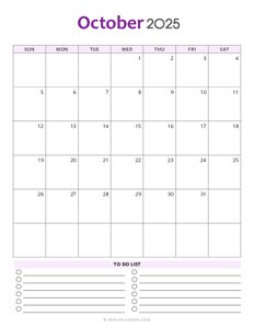 October 2025 Monthly Calendar - Sunday Start