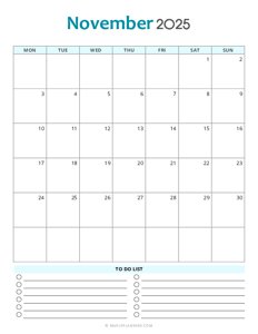 November 2025 Monthly Calendar - Monday Start