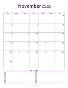 November 2025 Monthly Calendar - Sunday Start