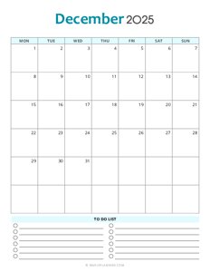 December 2025 Monthly Calendar - Monday Start