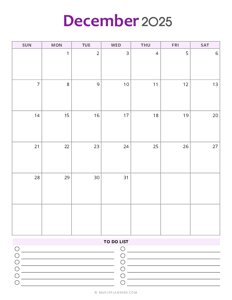 December 2025 Monthly Calendar - Sunday Start