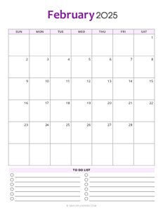 February 2025 Monthly Calendar - Sunday Start