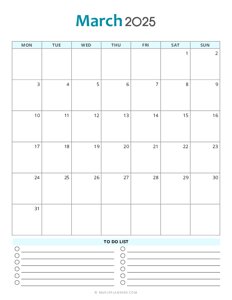 March 2025 Monthly Calendar - Monday Start