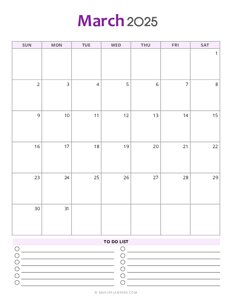 March 2025 Monthly Calendar - Sunday Start