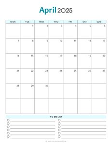 April 2025 Monthly Calendar - Monday Start