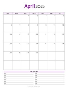 April 2025 Monthly Calendar - Sunday Start