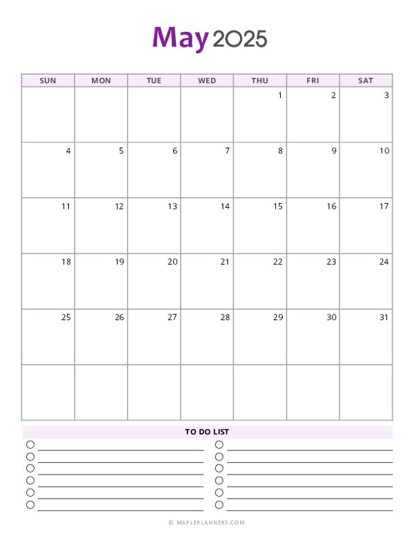 May 2025 Monthly Calendar - Sunday Start