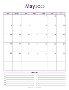 May 2025 Monthly Calendar - Sunday Start