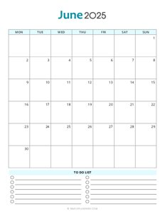 June 2025 Monthly Calendar - Monday Start