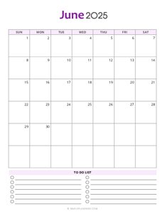 June 2025 Monthly Calendar - Sunday Start