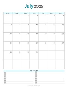 July 2025 Monthly Calendar - Monday Start
