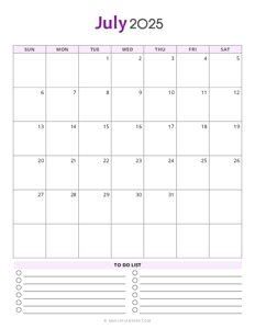 July 2025 Monthly Calendar - Sunday Start